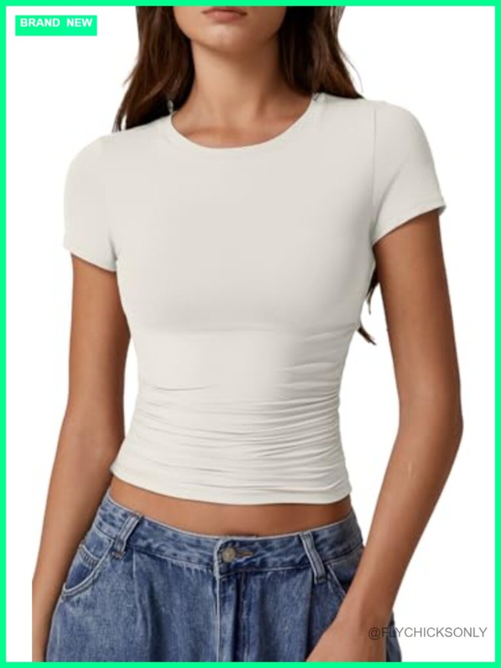 Double Lined Ruched Side Crop Top Short Sleeve Round Neck Fitted Tee